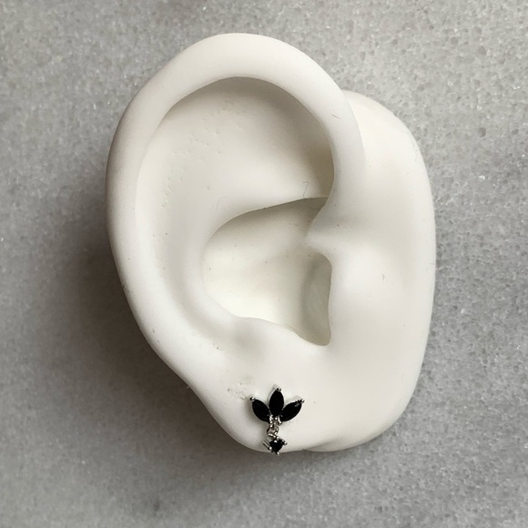 Sterling Silver Black Crystal Leaf Dangle Earrings - Picture 2 of 4